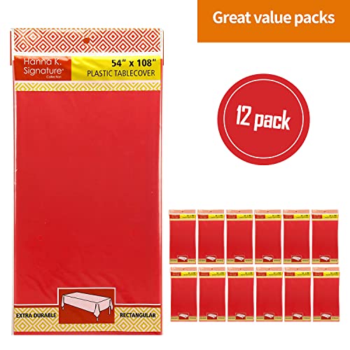 Party Dimensions Red Tablecloth Disposable Plastic Table Cover for Rectangle Tables (12 Pack) Premium Plastic Table Cloths for Parties, Events & Weddings, Indoors/Outdoors, 54\"x108\"