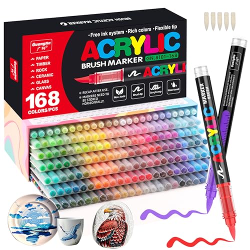 Gelanty Feutre Acrylique, 168 couleurs Acrylic Paint Marker avec embout pinceau flexible, liquide direct marqueur acrylique, feutres coloriage pour la peinture sur roche, céramique, bois