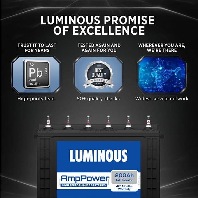 Image of Luminous AmpPower 48AP250TT Tall Tubular Inverter Battery - 200Ah Capacity | Durable and Reliable Inverter Battery | Minimum Maintenance | Easy Installation | 48 Months Warranty