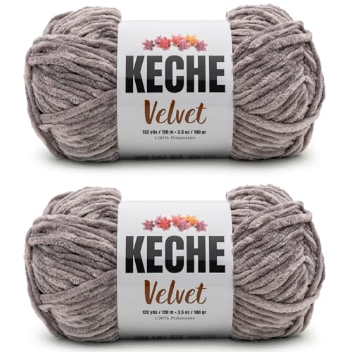Image of Keche Velvet Yarn for Crocheting, Soft Chenille Bulky Baby Blanket Amigurumi Yarn 2x100 gr (2x132 yds) (2 Skeins) Grey