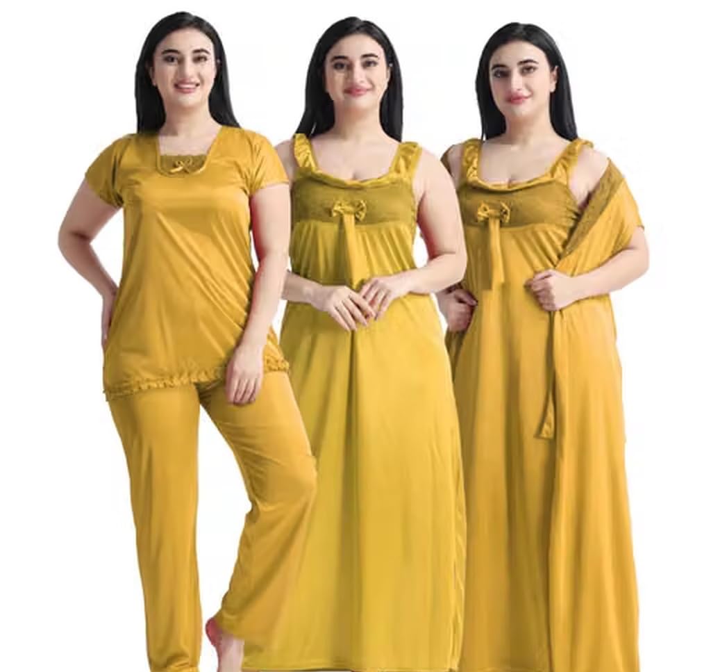 Women's Satin 4-Piece Nighty Set – Nightgown, Wrap Robe, Cami Nightdress & Top-Pyjama Set with Lace Detail | Bridal Honeymoon Sleepwear | Plus Size-image-13