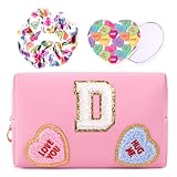 WINOWIMO Initial Makeup Bag with Mirror & Hair Scrunchies, Personalized Monogram Custom Cosmetic Bag Travel Toiletry Pouch, Birthday Gifts for Her Women Bridesmaid Teacher (D)