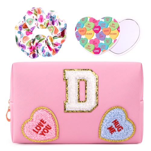 WINOWIMO Initial Makeup Bag with Mirror & Hair Scrunchies, Personalized Monogram Custom Cosmetic Bag Travel Toiletry Pouch, Birthday Gifts for Her Women Bridesmaid Teacher (D)