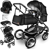 KIDUKU® Poussette Combinée 3 en 1 | Trio pour Enfants | Siége Auto Légère, Piable | Nacelle Souple Convertible | Set de Voyage (Noir)
