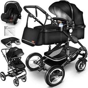KIDUKU® 3 in 1 Kinderwagen XXL Komplettset | Kombikinderwagen Set inkl. Babywanne Buggy Sportsitz & Auto-Babyschale Fußsack | Vollgummireifen Wickeltasche Handwärmer Regenschutz Kindertisch ECE R129