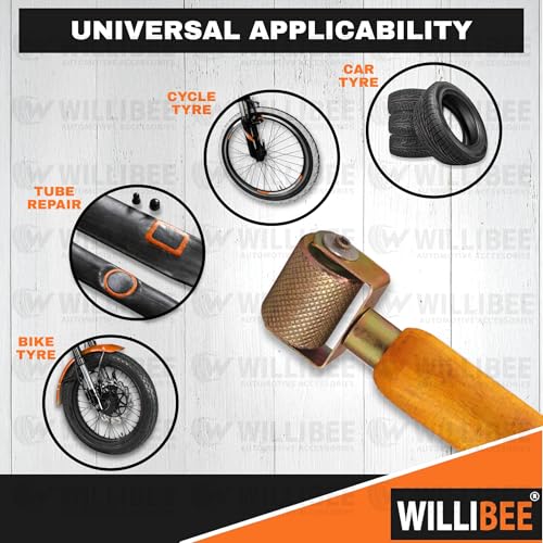 Image of WILLIBEE Tyre Patch Repair Tool | Wooden Handle Tire Puncher Patch Stitch Roller with Bearing | Tube & Tubeless Puncture Repair Tool