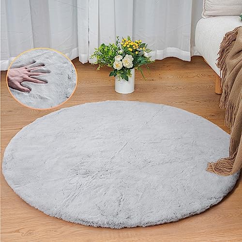 ORINOVA Grey Round Rug 3ft Machine Washable Shaggy Area Rugs for Living Room Faux Bunny Fluffy Fur Rug for Bedroom Small Circle Nursery Rug by ORINOVA - Used condition - US$18.47