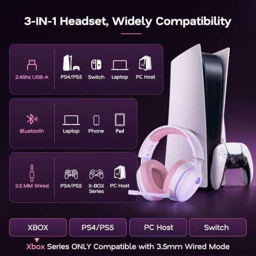 Image of AOC 2.4GHz Wireless Gaming Headset for PS5, PS4, PC, Switch, 45Hr, Pink | Bluetooth 6.0 Gaming Headphones with Noise Canceling Mic, 7.1 Virtual Surround, Great for Fortnite & Call of Duty /FPS Gamers