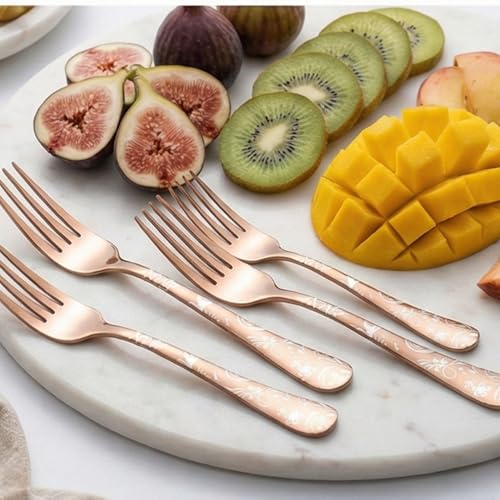 Image of 6.7 inch Rosegold Salad Forks with Floral Printed Handle | Set of 5 Durable Stainless Steel Fruit Forks | Mirror Polished Silverware for Home, Restaurants, and Gift Giving