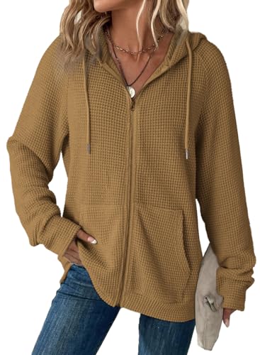 Dokotoo Hoodies for Women Sweatshirts Fall Casual Full Zip Up Essentials Hoodie Long Sleeve Oversized Hooded Tops Solid Waffle Knit Ladies Sweatshirt Pockets Jacket Coat for Teen Girls Khaki X-Large