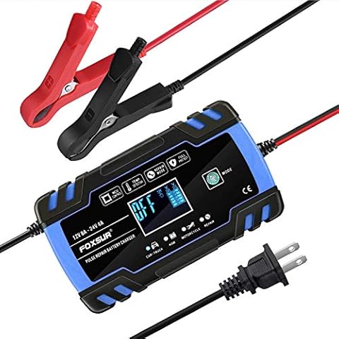 FOXSUR Car Battery Charger, 12V/24V 8Amp Intelligent Automatic Battery Charger/Maintainer Delivers 3 Stage Charging, with LCD Screen And have 6 Charging Mode, Suitable for More Types of Batteries-Blue Cover
