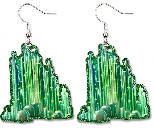 Purple Myrtle Glitter Emerald City Drop Earrings for Oz Themed Costumes