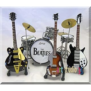 BEATLES Miniature Guitar Drumset JOHN, GEORGE, PAUL, RINGO - Les Beatles, Paul McCartney, John Lennon, RIngo Starr, George Harrison