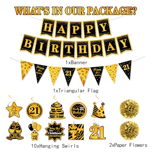 Image of 21st Birthday Decorations for Him - Black and Gold Happy 21st Birthday Banner with Hanging Swirls Streamers, Paper Pom Poms, Pre-Strung Party Decor Kit