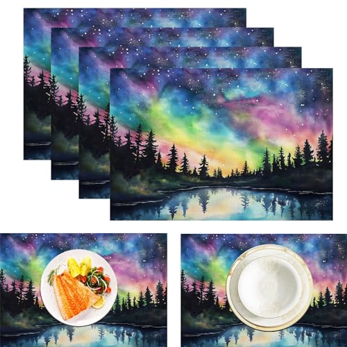 Juego De 4 Manteles Individuales Cielo Estrellado En Acuarela 45X30Cm Lino Manteles Individuales Diseño De Bosque De Auroras para Boda Cenas Banquetes Primavera Pascua Lavables Decoración