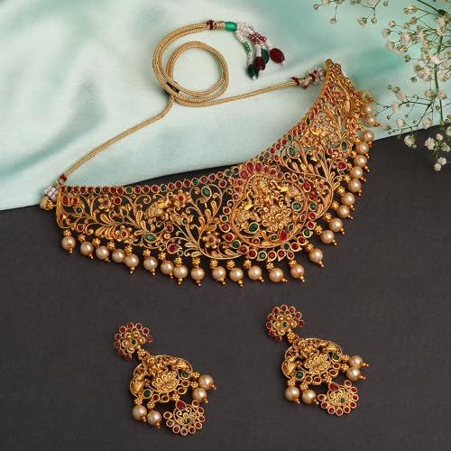Image of Shining Diva Fashion Stylish Fancy Pearl Choker Traditional Jewellery Set for Women | Temple Necklace Set | Festive Wedding Party Necklace | 22k Gold Plated | Just Like Original Gold Jewellery