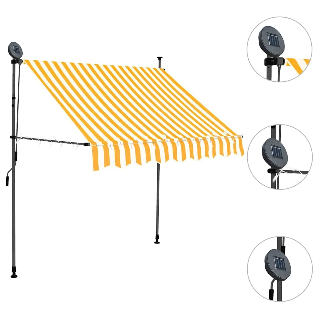 Tenda da sole manuale con illuminazione a LED, 150 cm, colore bianco e arancione, per terrazze, balconi e giardini, resistente ai raggi UV e all'acqua, con luci solari, telaio in acciaio