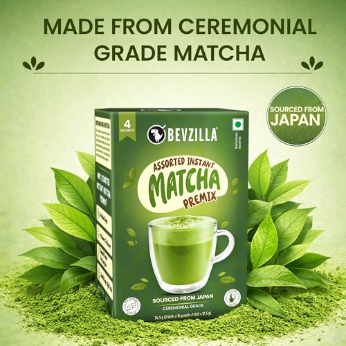 Image of Bevzilla Instant Matcha Premix 4 Assorted Sachets | Ceremonial Grade Green Tea | No Added Sugar | Smooth Energy Drink Mix | Single Serve | Hot & Cold Matcha Anytime