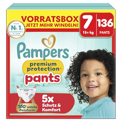 Pampers Premium Protection Pants Größe 7 136 Windeln 15kg+ mit 360 Passform und weichen Anti-Auslaufbündchen für unseren besten Komfort und Schutz