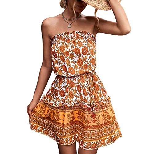 Vestido sin Tirantes para Mujer, Vestido de Tubo Bandeau Vintage para Mujer, Vestido Corto de Verano con Estampado Floral para Mujer, Dulce Y Elegante Vestido con Hombros Descubiertos Y(L-Naranja) Cover