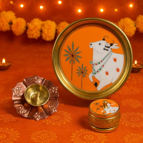 CraftVatika Brass Pooja Thali Set with Diya and Roli Box for Diwali Gifts, Festive Decor, Diwali Decoration Items, Brass Pooja Thali for Return Gifts for Women, Family Friends, Diwali Gift