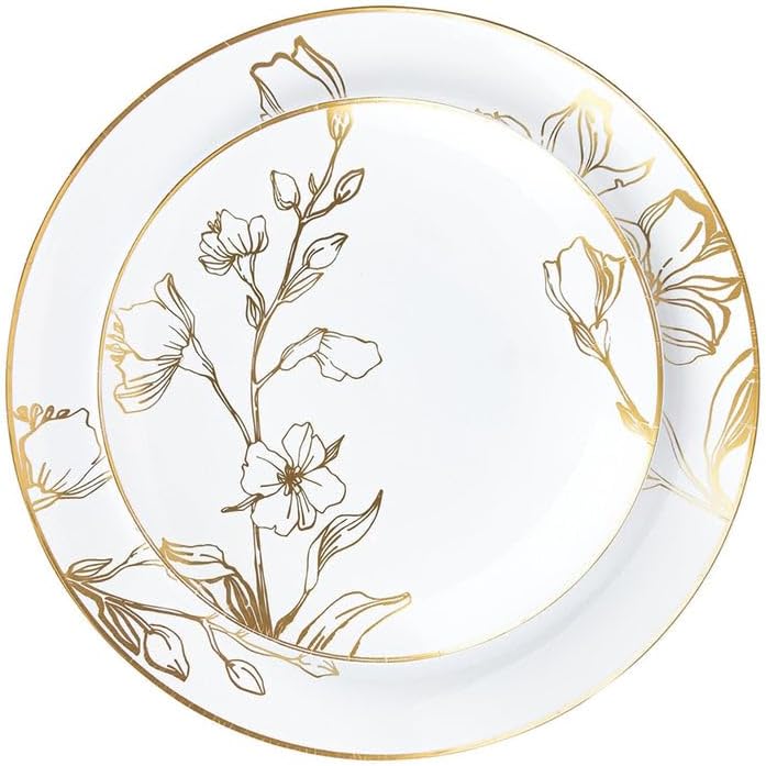 Nicole Faniti 7.5 Inches White with Gold Antique Floral Disposable Plastic Plates For Thanksgiving - Perfect For Weddings & All Celebration : 60 Count