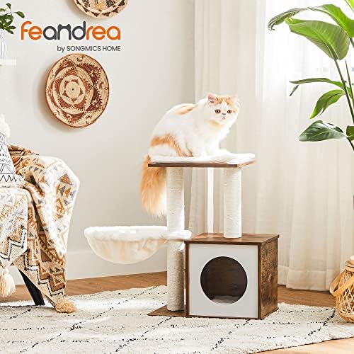 FEANDREA Cat Tree, Wooden Cat Condo, Removable Cushions, Rustic Brown PCT122X01