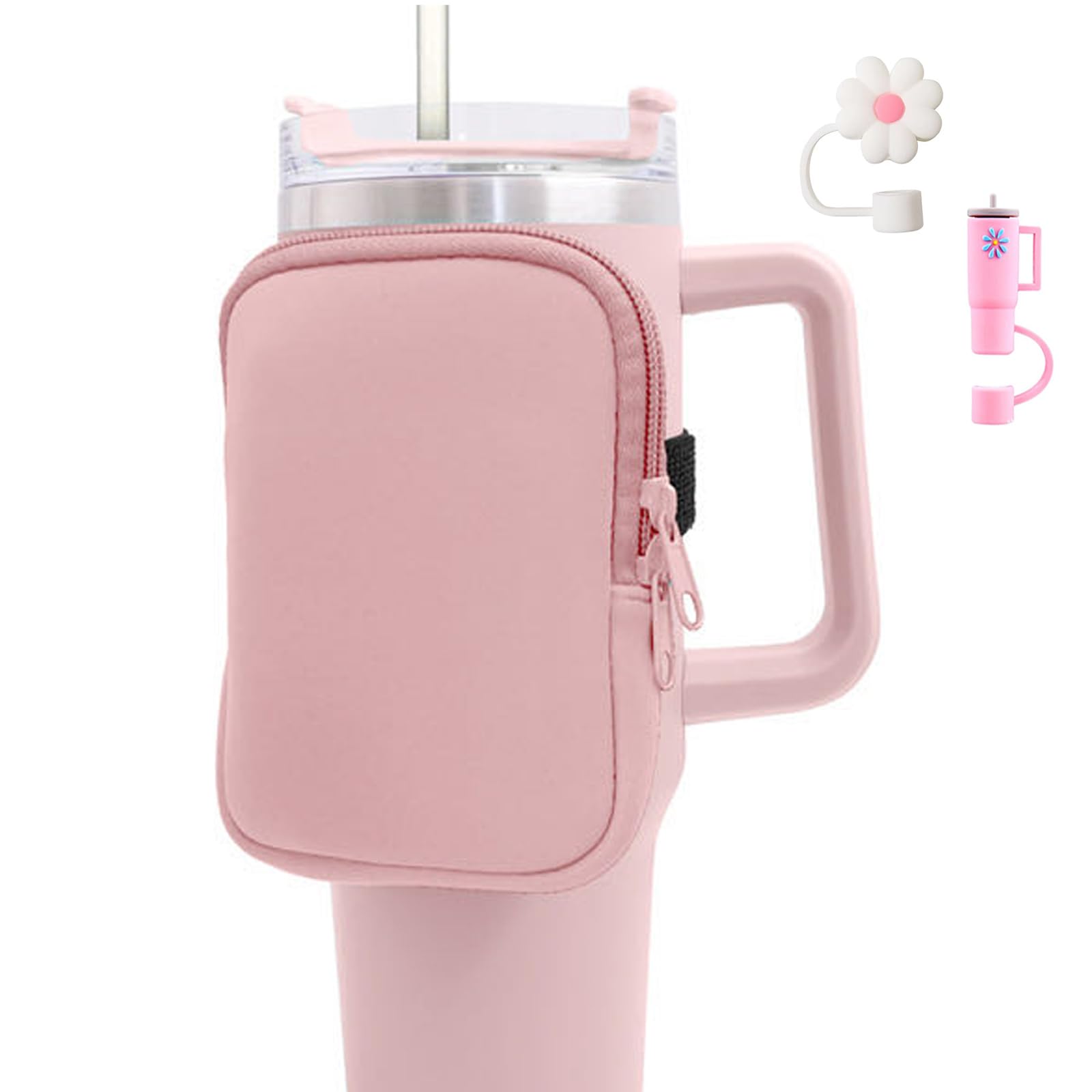 Water Bottle Pouch For Stanley Quencher 40oz, Gym Tumbler Accessories for Women, Compatible With Stanley IceFlow 20/30oz, With 2 Pac Straw Covers,Workout Outdoor Tumbler Pocket for Phone, Card, Keys