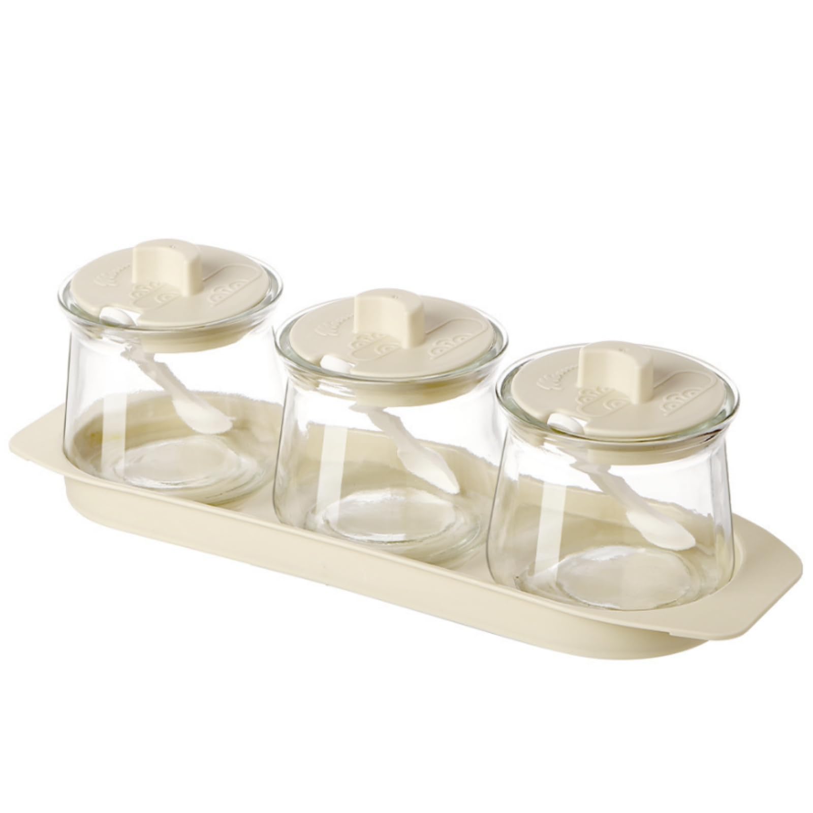 Siocok Beige Set Of 3 Glass Condiment Jar With Tray, Condiment Container Seasoning Box Set, With Lids And Spoons Kitchen Seasoning Box For Salt Pepper Sugar Spice Storage,Kitchen,Counter (Beige)