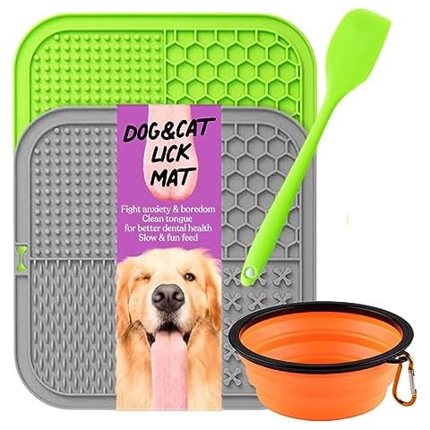 2 Durable Dog Lick Mat w Strong Suction Cups + Collapsible Bowl Bundle | Licking Pad w 4 Different Patterns for Anxious & Bored Pets | Cat Slow Feeder for Peanut Butter & Frozen Treats Cover