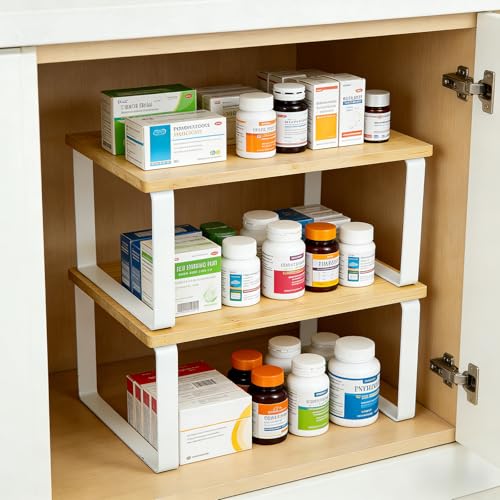 2 Pack Medicine Cabinet Organizer Expandable and Stackable Medicine Bottle Organizer Shelf Pill Bottle Organizer for Cabinet and Countertops Rack for Medicines and Vitamins Made of Metal & Wood