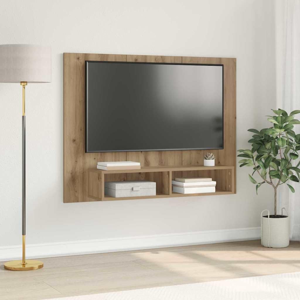 Mobile TV con ripiani e pannello posteriore in legno rovere Artisan, set montato a parete 120 x 23,5 x 90 cm con ripiani 5 x 90 cm per soggiorno