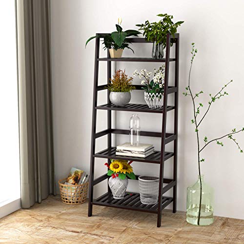 HOMFA Bamboo 4 Shelf Bookcase, Multifunctional Ladder Shaped Plant Flower Stand Rack Book Rack Storage Shelves, Dark Brown