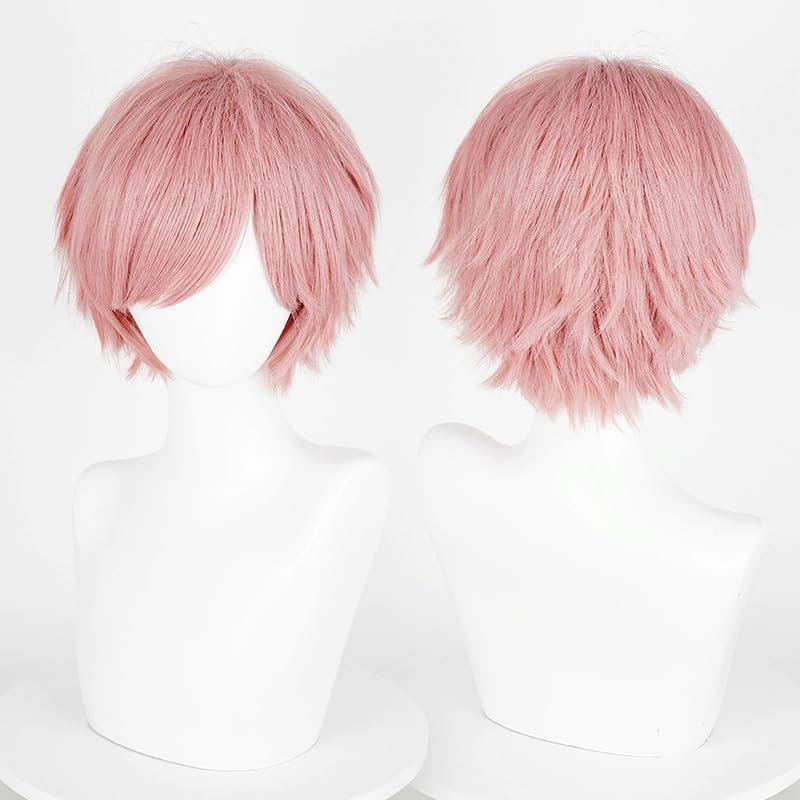 Image of LABEAUTE Anime Short Pink Cosplay Wigs With Bangs Unisex Spiky Fluffy Heat Resistant Wig Hair for Party and Halloween for Gift + Free Cap