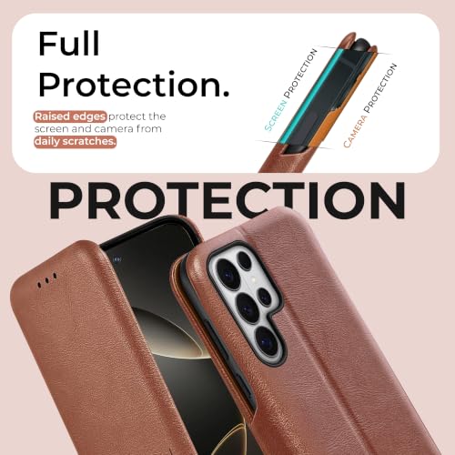 Image of PULOKA Premium Vegan Leather Phone Cover with Card Slot - Compatible with Samsung Galaxy S25 Ultra - Sleek Flip Case, Slim, Durable, Privacy Protection, Kickstand Function (Brown)