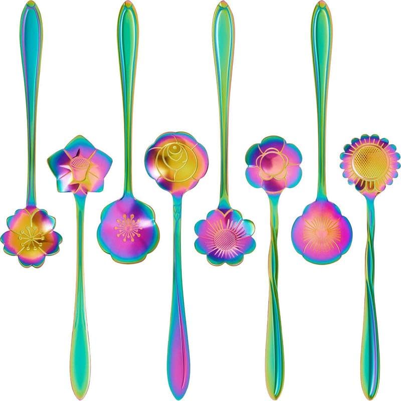 8 Pcs Stainless Steel Flower Coffee Spoons Set - Multipurpose Tea, Sugar, Ice Cream & Dessert Stirring Spoons with Elegant Petal Design (Rainbow, 8Pcs)