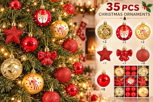 35 Piece Christmas Tree Ornaments Set Decorative Balls with Stars Bows and Reindeer Designs for Holiday Decor Red and Gold - image 5