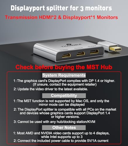 Image of DisplayPort to Dual HDMI with DP Adapter (4K@60Hz) Extended Display 1 in 3 Out MST Hub for Multiple Monitors Compatible for Graphics Card, PC, NVIDIA, AMD