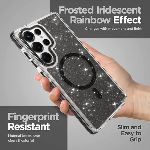 Image of Magnetic Case for Samsung Galaxy S25 Ultra [Compatible with Magsafe] [Bling Glitter Fluorescent Design] [1 Screen Protector] Slim Translucent Matte Case for Galaxy S25 Ultra 6.9 inch, Black