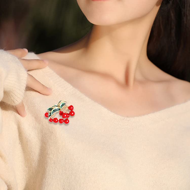 Broche cerise rouge émail et métal pour femmes - 3