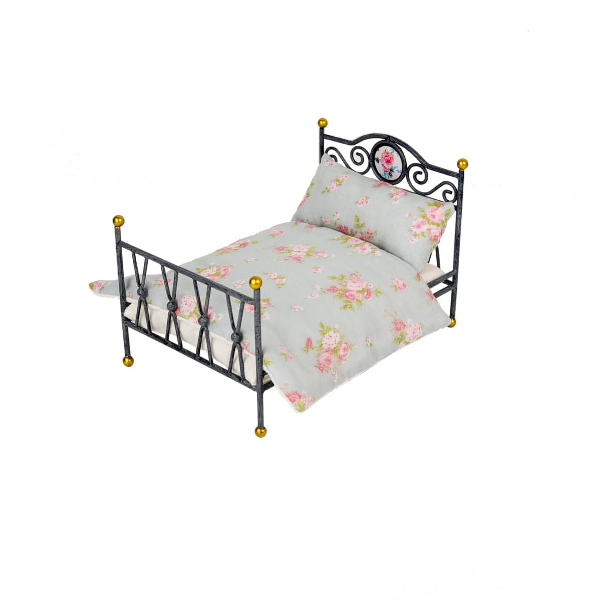 Funky Mini House 1:12 Scale Miniature Iron Bed with Bedding, Handmade Vintage Dollhouse Furniture BJD Ob11 Accessories (Black)