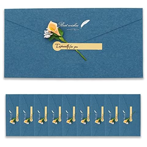 BITEYI 10pcs Fancy Envelopes with Greeting Cards Handmade Dried Flowers and Stickers,Vintage Kraft Paper Envelopes with Postcards (Blue) Cover