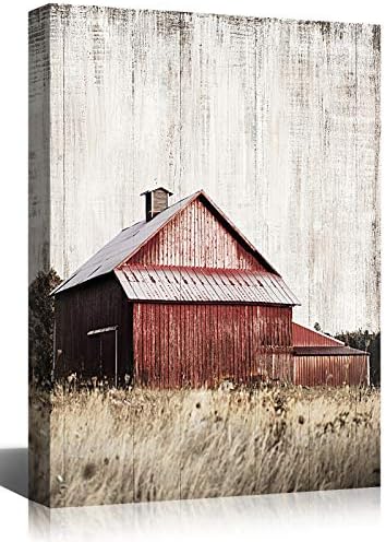 Mooflapha Canvas Barn Wall Art Canvas Wood Background Home Decor Maroon Red Farmhouse in Grey Rustic Print Decoration for Bathroom Kitchen Basement 12''x16''