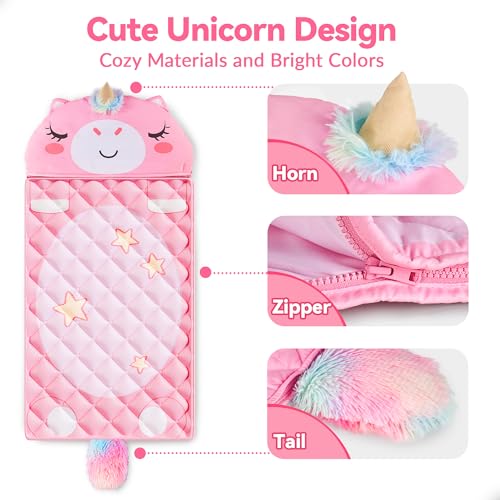 iplay ilearn kid sleeping bag unicorn slumber sack toddler girl nap mat 2 in 1 pink animal cushion blanket happy travel sleepover daycare preschool birthday gift for 3 4 5 6 year old child
