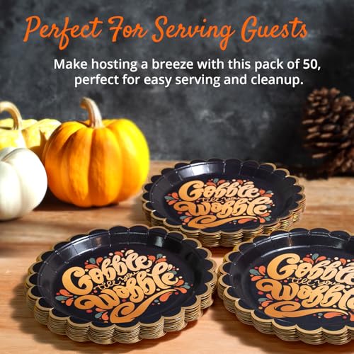 Image of Confettiville Thanksgiving Paper Plates, 50-Count Disposable Thanksgiving Dinner Plates, Scalloped, Party Supplies, Gobble Til' You Wobble