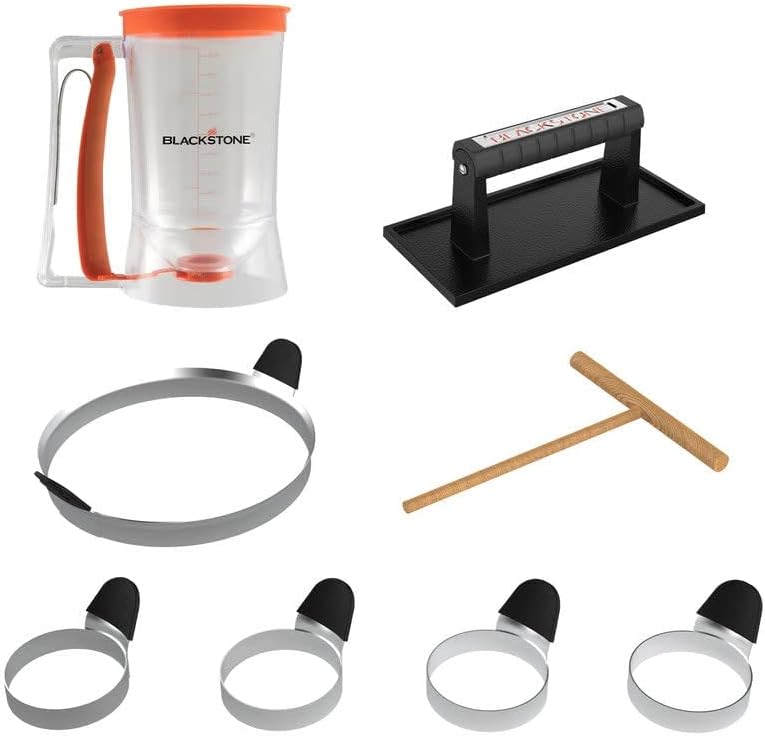 BLACKSTONE 5324 Breakfast Kit (8 Piece) Plastic Batter Dispenser, Cast Iron Bacon Griddle Weight Press, 10 Inches Stainless Steel Omelet Egg Ring, Wood Wooden Crepe Spreader Spatula, Black