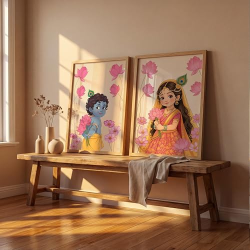 Image of Suneree Baby Krishna Radha Wall Art Painting | Set of 2 Framed Paintings | Radha Krishna Decor for Living Room Bedroom Pooja Room | (ART 11, 10x13 INCHES)
