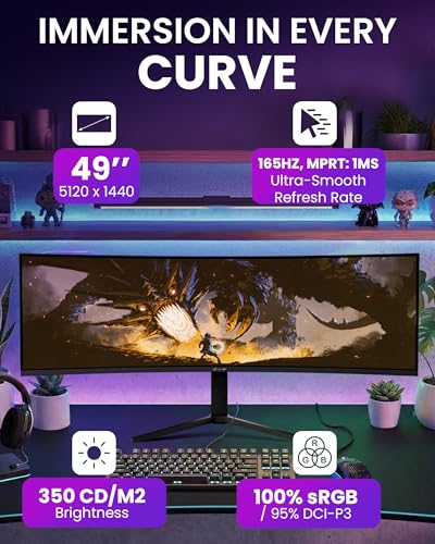 Image of Arozzi Curved Gaming Monitor Nova 49 inch VA 165Hz - Computer Monitor Ultrawide QHD 1440p - Adaptive Sync, HDR10 & Flicker Free Display - 100% sRGB Color Accuracy - PC & Console Ready - Black
