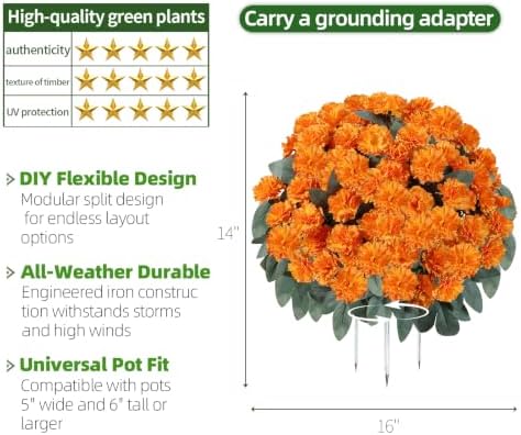 QIANYUN Artificial Fall Mums Yard Stake, 16 Inch Autumn Chrysanthemum Outdoor Decoration, Orange Yellow Mums Flower Garden Decor for Front Porch, Walkway, Lawn and Seasonal Fall Display (Orange) - 5