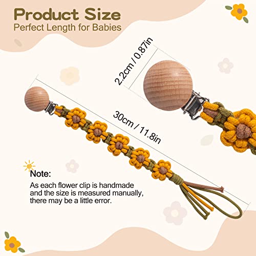Image of Pacifier Clip for Boys Girls Flower Daisy Macrame Pacifier Holder Leash Boho Wooden Clips Handmade Braided Cotton Paci Clip Baby Shower Birthday Gift